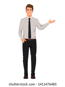 Vector illustration of three business men in official clothes with hand up. Question pose. Presentation pose. Cartoon realistic people illustartion. Front view man.