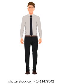 Vector illustration of three business men in official clothes with hand up. Question pose. Presentation pose. Cartoon realistic people illustartion. Front view man.