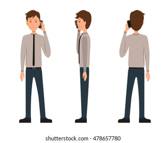 Vector Illustration Of Three Business Men In Official Clothes With Phone In One Hand. Flat People Calling .Flat Young Man.Worker In A Shirt With A Tie.Front View Man,Side View Man,Back Side View Man