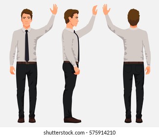 Vector illustration of three business men in official clothes with hand up. Cartoon realistic people illustartion.Worker in a shirt with a tie.Front view man,Side view man ,Back side view man