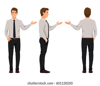 Vector illustration of three business men in official clothes with hand up. Question pose. Presentation pose.Cartoon realistic people illustartion.Front view man,Side view man,Back side of man