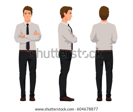 Vector illustration of three business men with crossed arms in official clothes. Cartoon realistic people illustartion.Worker in a shirt with a tie.Front view man,Side view man,Back side view man