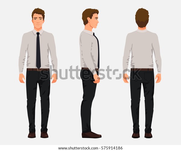 公装の3人の実業家のベクターイラスト Cartoonのリアルな人物のイラスト シャツにネクタイを持つ作業者 正面図の男 側面図の男 背面図の男 のベクター画像素材 ロイヤリティフリー