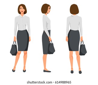 Vector illustration of three business woman with short hair in official clothes with bag.Cartoon realistic people illustration.Flat young womanwith bag.Front view girl,Side view girl,Back side of girl