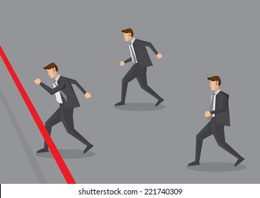 Vector illustration of three businessman running towards finish line. Conceptual design for business competition