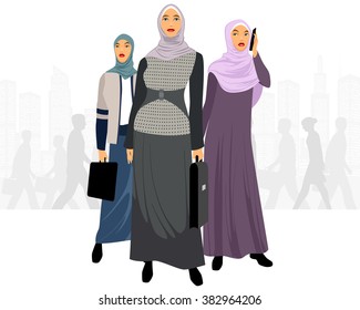 Vector illustration of a three businesswomen in city