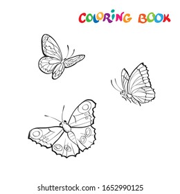 Vector illustration with three butterflies on a white background. Coloring page