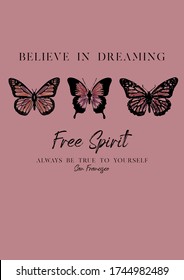 vector Illustration of three butterflies with wording and quotes, handwritten