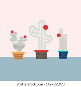 Vector illustration of three cactus, on pink background