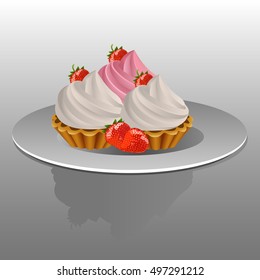 Vector Illustration. Three cakes with strawberries on a plate.