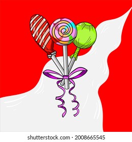 Vector illustration of three candies with pretty pink ribbons.
