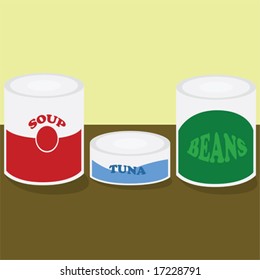 Vector illustration of three cans of food: soup, tuna and beans. For jpeg version, please see my portfolio,