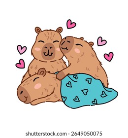 ilustração vetorial de três capibaras juntos como uma família sorrindo acolhedor com corações e fundo branco