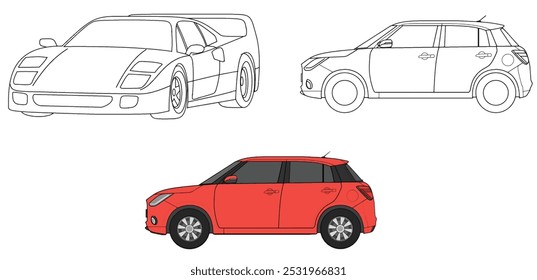 Ilustración vectorial de tres diseños de automóviles: un perfil detallado de automóvil deportivo, un perfil de automóvil compacto y un automóvil compacto rojo completamente coloreado, perfecto para proyectos de diseño e ilustración automotrices.