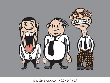 Vector illustration of three caricature businessmen. Easy-edit layered vector EPS10 file scalable to any size without quality loss. High resolution raster JPG file is included.