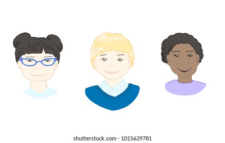 Vector illustration of three cartoon children's heads: blond European boy, Japanese girl and African boy. 