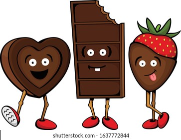 Vector illustration of three cartoon chocolate candy characters: a chocolate heart, a chocolate bar, and a chocolate-dipped strawberry.