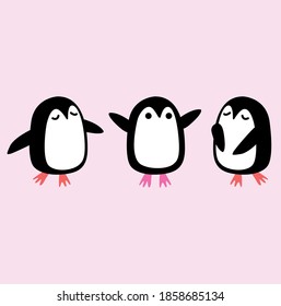 Ilustración vectorial de tres lindos pingüinos dibujados en un fondo rosado
