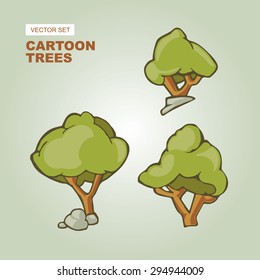 vector illustration of three cartoon drawn trees. Isolate on light background