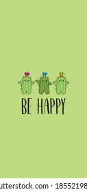 Vector illustration of three cartoon happy blooming cactus on a green background