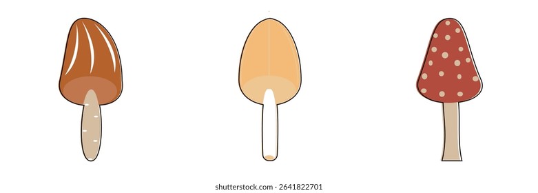 Vector illustration of three cartoon mushrooms isolated on white.