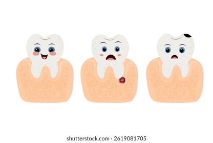Vector illustration of three cartoon teeth showing different oral health conditions: healthy tooth, tooth with cavity and tooth with caries. Cute and educational dental care concept. Flat style, isola