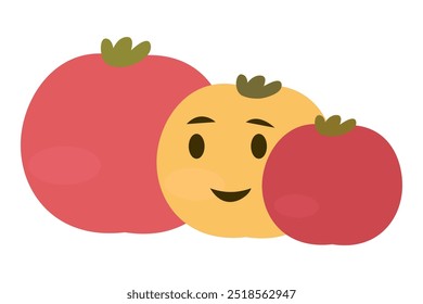 Ilustración vectorial de tres tomates de dibujos animados, incluido un tomate amarillo sonriente, que simboliza una alimentación saludable y productos orgánicos con un diseño divertido
