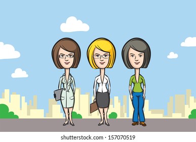 Vector illustration of three cartoon women professionals. Easy-edit layered vector EPS10 file scalable to any size without quality loss. High resolution raster JPG file is included.