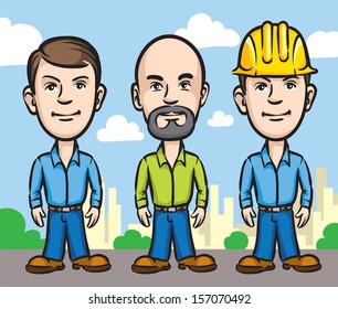 Vector illustration of Three cartoon workers. Easy-edit layered vector EPS10 file scalable to any size without quality loss. High resolution raster JPG file is included.