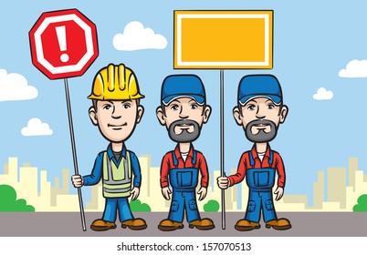 Vector illustration of Three cartoon workers with warning signs. Easy-edit layered vector EPS10 file scalable to any size without quality loss. High resolution raster JPG file is included.