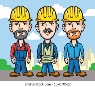 Vector illustration of Three cartoon workers in hardhats. Easy-edit layered vector EPS10 file scalable to any size without quality loss. High resolution raster JPG file is included.