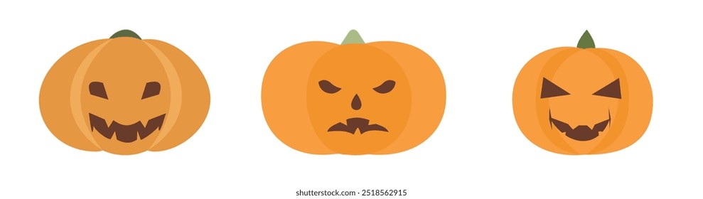 Ilustração vetorial de três abóboras jaque-o-lanterna esculpidas com expressões diferentes, simbolizando a diversão de Halloween, decorações e festividades de outono.