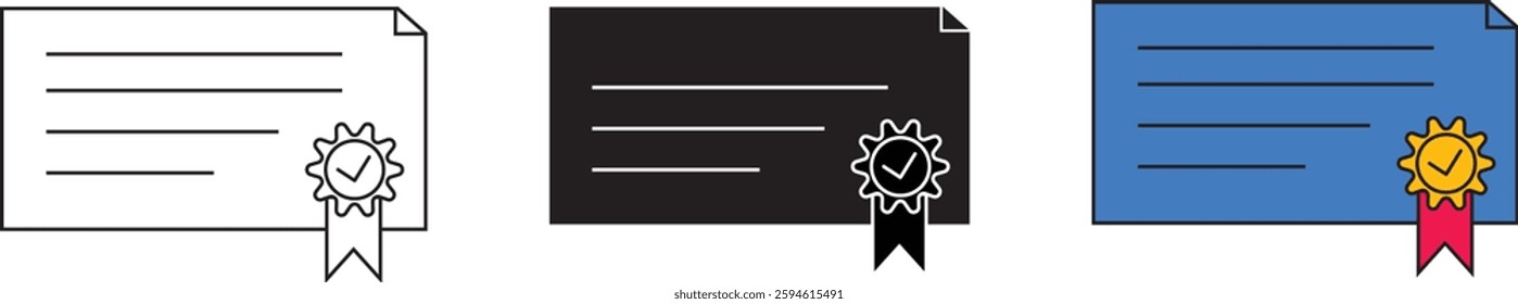 A vector illustration of three certificate icons in different styles. Ideal for education, achievement, awards, or certification designs.