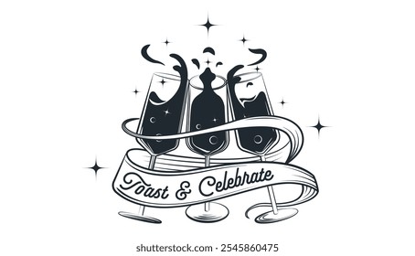 Vector illustration of three champagne glasses clinking together in a celebratory toast. A ribbon with a slogan "toast and celebrate" elegantly ties the glasses, perfect for party-themed design.