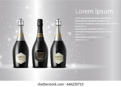 Vector illustration of  Three champagne wine bottles on sparkling background