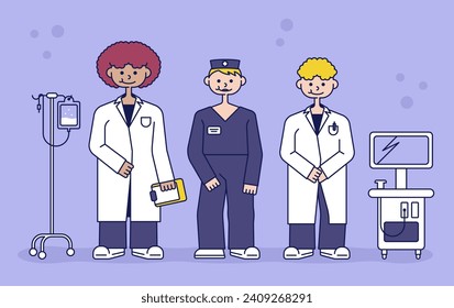 Vector illustration of three characters in flat style. Image of a team of medical professionals and supplies on a purple background. Medical illustration.