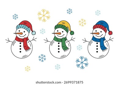 Vector illustration of three cheerful snowmen wearing colorful hats and scarves