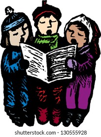 Vector illustration of three children singing carols