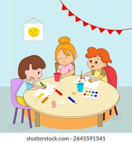 Vector illustration of three children sitting at a round table and drawing with pencils and watercolors, with red flags and a picture of the sun in the background.