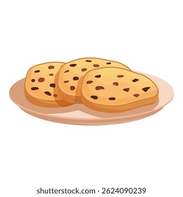 Vector illustration of three chocolate chip cookies on a light pink plate, isolated on white