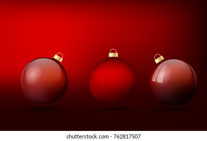 Vector illustration of three christmas ball with shadow on red background