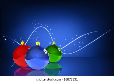   Vector Illustration of three Christmas Balls with reflections on the blue Abstract lines background
