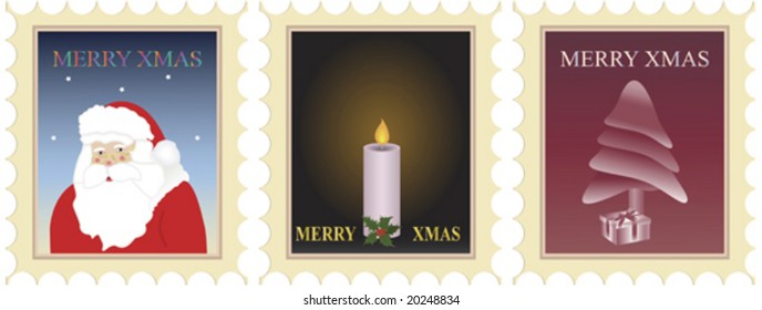 Vector illustration of three christmas postage stamps