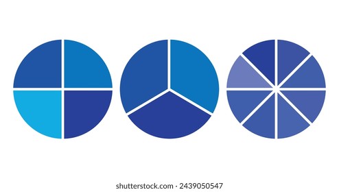 Vector illustration of three circles divided into equal parts for studying fractions, exact sciences, mathematics.