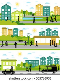 Vector illustration of a three city life scenes 