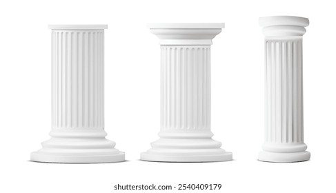 Ilustración vectorial de tres columnas clásicas de mármol blanco con diseño estriado, que simbolizan la elegancia arquitectónica, la historia y el diseño clásico. Ideal para temas de patrimonio y estructura.