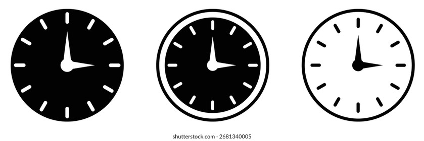 "Vector illustration of three clock icons in different styles. Simple design representing time, clocks, scheduling, and time management."