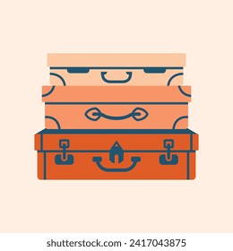 Vector illustration with three closed vintage suitcases, which lie on top of each other. Adventure tourism, travel abroad, summer vacation trip, luggage. Cute isolated clip art in cartoon style.