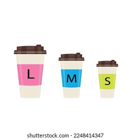 Vector illustration of three coffee cups size L, M, S.