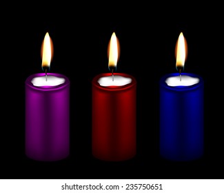 Vector illustration of three color decorative candles, purple, red and blue